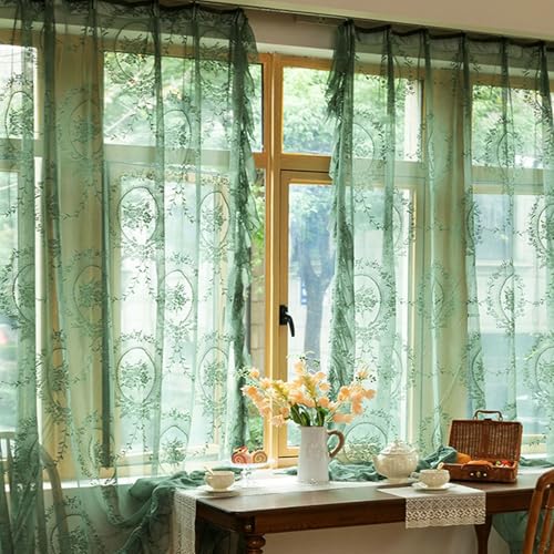 ANAZOZ Cortina de Salón con Ojales,2 x 102W x 244H CM,2 Piezas Cortina Comedor Visillo Bordado con Volantes Cortinas de Salón Ventana Verde
