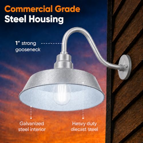 Image of 14in. Galvanized Finish Outdoor Gooseneck Barn Light Fixture with 14.5 in. Long Extension Arm - Wall Sconce Farmhouse, Vintage, Antique Style - UL Listed - 9W 900lm A19 LED Bulb (5000K Cool White)
