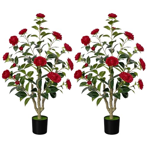 Aoczes 2 Stück Künstlicher Kamelienbaum 90cm Rot Kunstpflanzen Künstliche Blumenpflanze im Topf Drinnen und Draußen Kamelienpflanze für Haus Veranda Haustür Büro Dekopflanze
