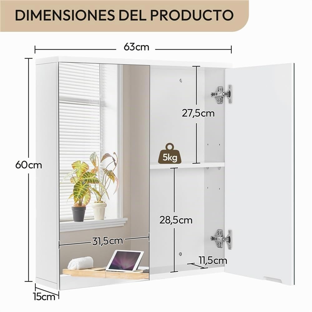 Yaheetech Armario de Baño con Espejo Armario Colgante de Pared con 2 Puertas y Estante Ajustable Moderno para Dormitorio Salón 63x15x60 cm Blanco