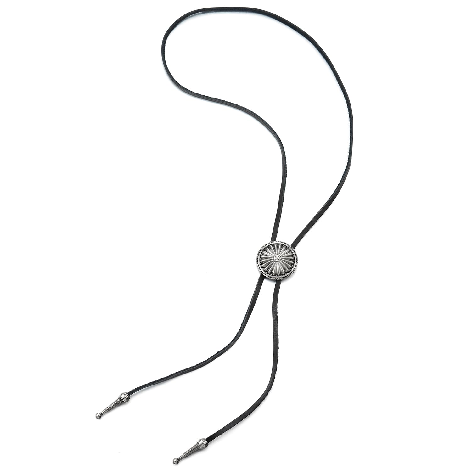 COOLSTEELANDBEYOND Vintage Círculo Botón Bolo Tie Corbata, Lariat Collar, Rodeo de Largo Y Collar para Hombre Mujer, Negro Cuero
