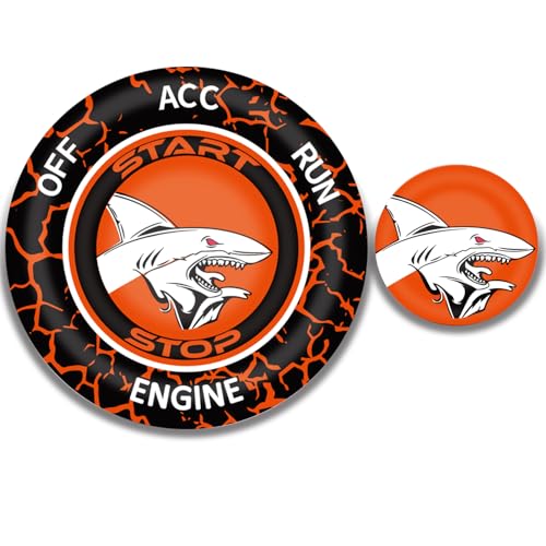 Image of TOOLEPIC Push Start Button Cover For Dodge Challenger Charger Durango Chrysler Journey Ram Accessories 2015-2024, Engine Start Stop Ignition Switch Kit -Angry Shark Design-Crazy Orange Custom Fit