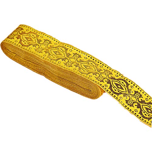 MSCFTFB Ethnic Jacquard Ribbon Woven Fabric Trim Fringe for Apparel Accessories Embellishment Straps Belts Collars DIY Craft Width 1.3in by 7.6yards (Yellow+Metallic Gold)