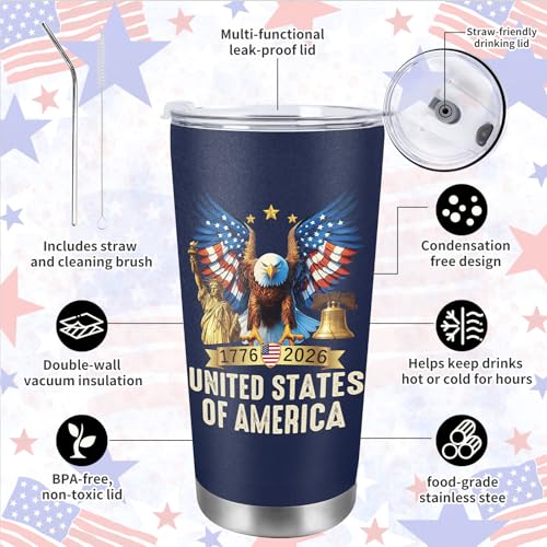 Image of AFRITEE 250th Anniversary USA Tumbler, 4th of July Decorations 20oz Insulated Coffee Travel Mug, 1776-2026 USA Birthday Gift Patriotic Stainless Steel Cup with Lid & Straw