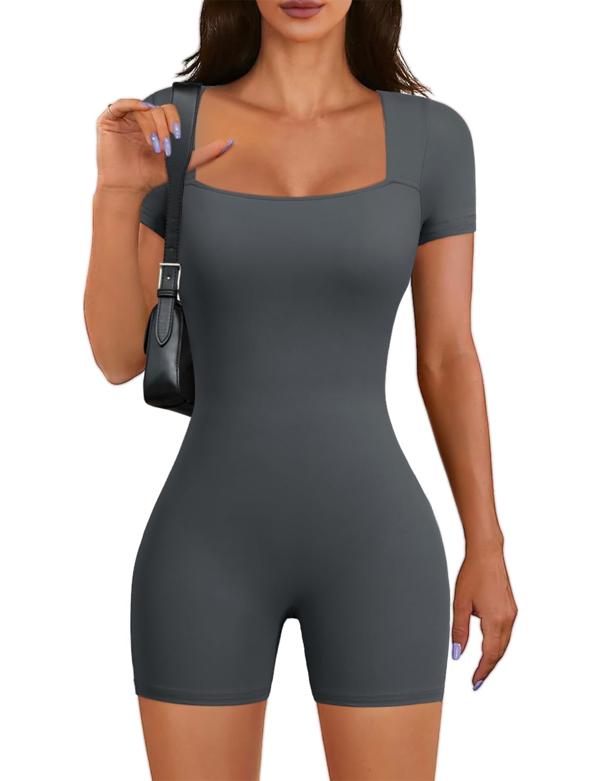 Yuson Girl Mono Deportivo Mujer Corto Manga Corta Jumpsuit Corto Una Pieza Mono Yoga Cuello Cuadrado Elástico Romper Sexy Mono Mujer Verano per Yoga Fitness Casual