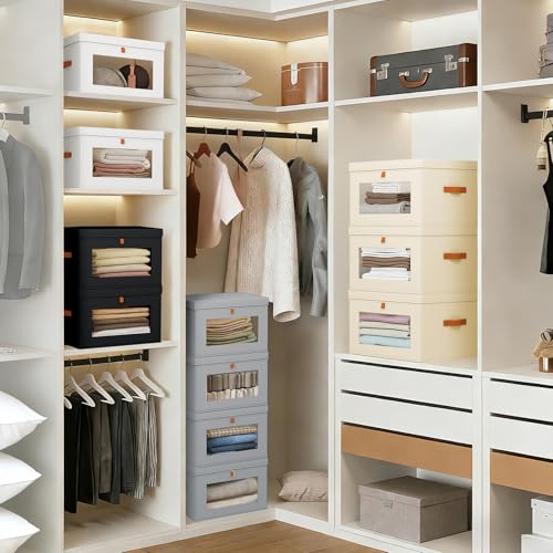 Image of DIMJ Storage Bins with Lids - 4 Pack Large Fabric Closet Organizer with Window & Handles, Collapsible Decorative Storage Boxes for Shelves Under Bed, Books Clothes Blankets Sweaters Organization