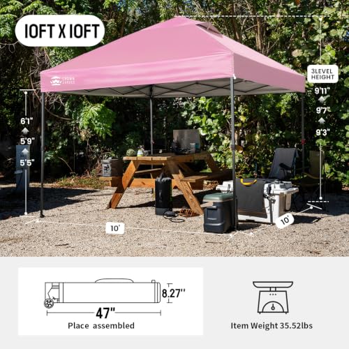 Image of CROWN SHADES 10x10 Pop Up Canopy Tent - Patented Center Lock One Push Instant Outdoor Canopy Beach Tent with STO-N-Go Bag 8 Stakes & 4 Sand Bags,Pink