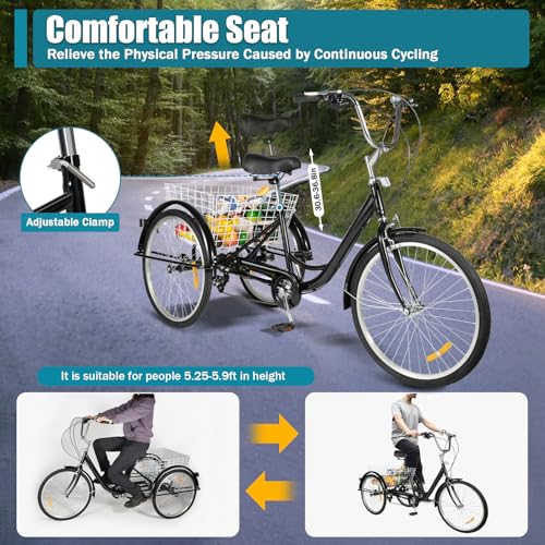 Futchoy 24 Inch Tricycle For Adults 8 Speed -Adult Tricycle Height Adjustable 3 Wheel Cruiser Bicycle Cargo Bike With Basket 110KG Load Trike Bike For Men Women Seniors (Black) - 3