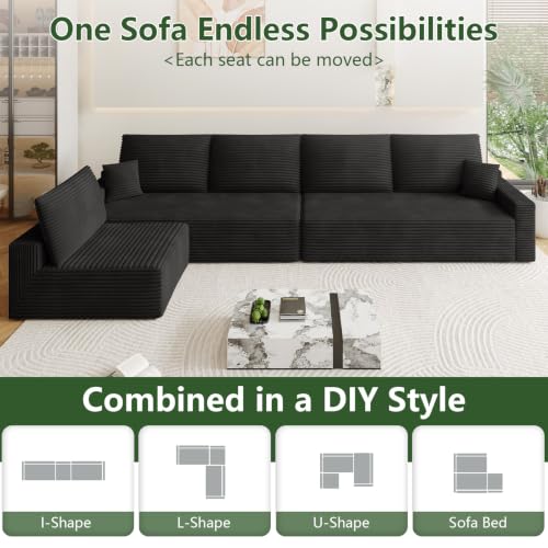 Image of Oversized Modular Sectional Sofa Couch, Large 6 Seater Corner Sofa Modern L Shaped Sectional Couch Cloud Couches for Living Room, Office, Spacious Space, Corduroy, No Assembly Required, Black