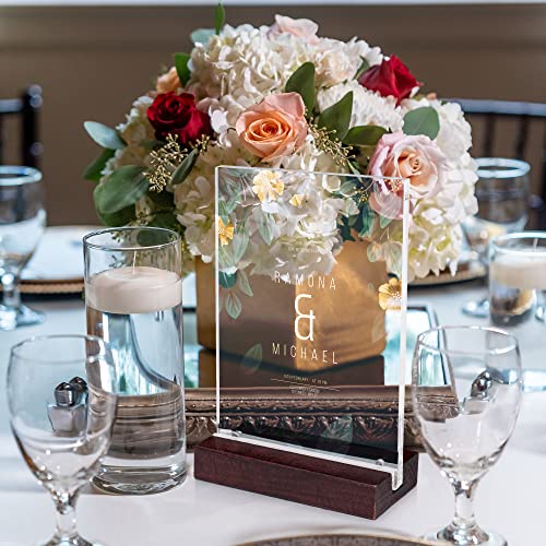 Acrylic Table Sign Holders For Wedding And Event Tables Set Of 3 - 4X6 Picture Frame Stands With Decorative Beachwood Base Clear Double Sided #TOP2