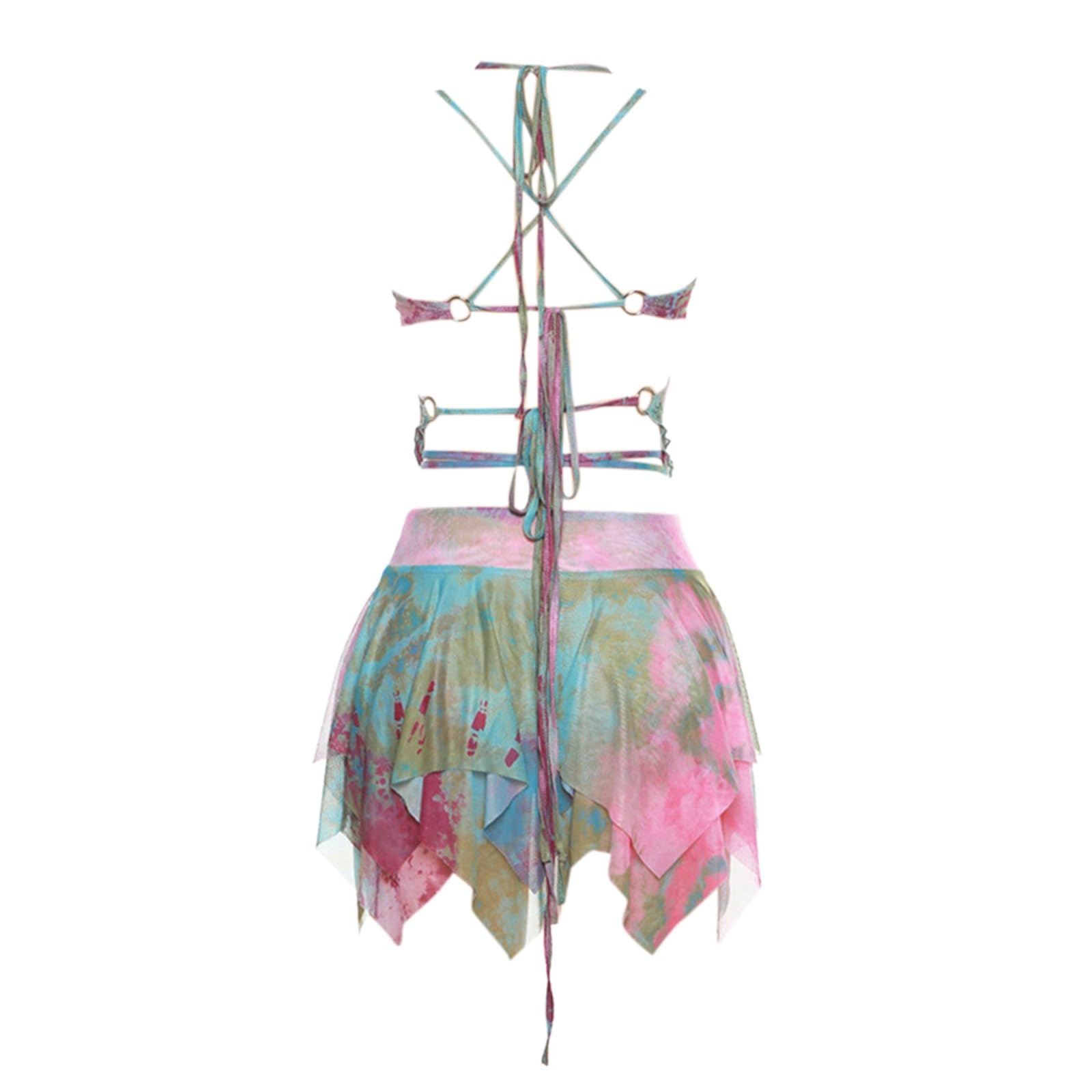 Generisch Mujer 3 piezas Verano Tie Dye Print Trajes Manga Larga Cizalla Malla Shrug Tops Chaleco Irregular Falda y Parte Superior sin vientre Conjunto de Cordones Rave Festival Streetwear Cosplay