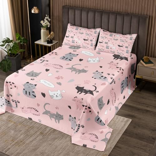Erosebridal Pink Cat Coverlet Twin Size for Girls Gray Black Cats Bedding Set for Kids Boys Cute Paw Print Bedspread Set Kawaii Hearts Quilt Set Kitten Meow Printed Bed Quilt Lightweight