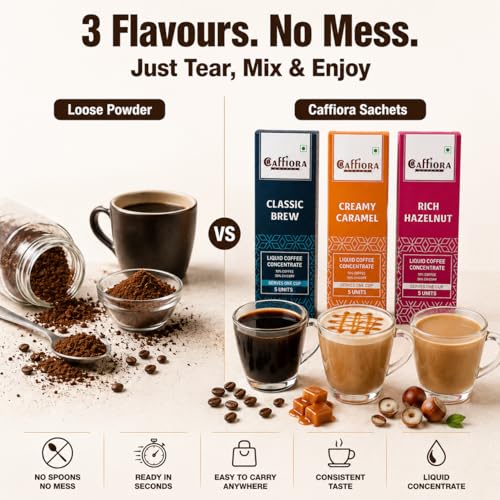 Image of Caffiora Liquid Coffee Concentrate | Triple Flavour Combo | Classic Brew + Creamy Caramel + Rich Hazelnut | 15 Sachets (3 x 5 x 20ml) | Instant Coffee | Sugar Free | Hot & Cold