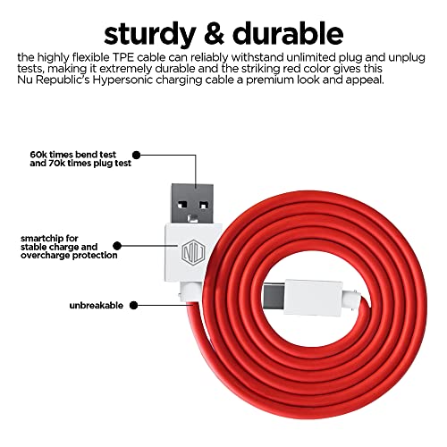 Image of Nu Republic Blaze Hypersonic 50W USB Type C Cable 3.5 A 1 m Supports All Fast Charging Technologies (Compatible with Mobile, Tablet, Laptop, Speakers, Red, One Cable)