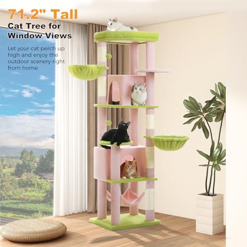 Image of MUTTROS 71.2 inch Large Cat Tree for Multi-Cat Households - Heavy-Duty 9-Level Cat Tower w /5 Sisal Scratching Posts, 2 Condos, 3 Hammocks, Extra-Large Perch & Pompoms - Space-Saving, Pink