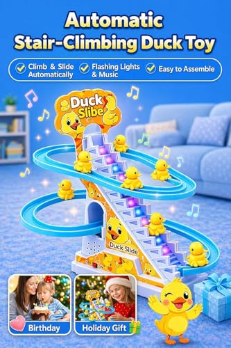 Image of Duck Slide Toy Set | Automatic Stair Climbing Duck | Toy with Lights & Music for Kids, Fun Cartoon Track Set for Boys & Girls