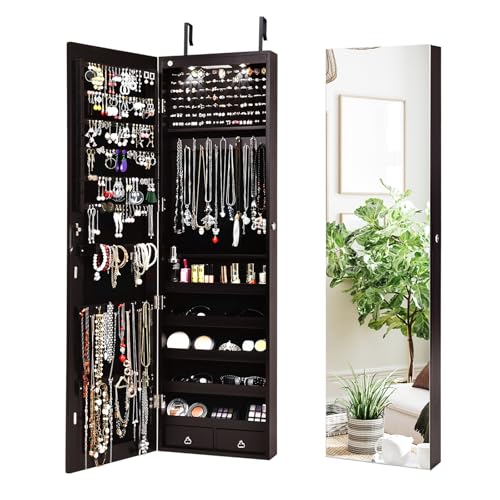 NAFORT 2 LEDs Mirror Jewelry Cabinet, 47.5-Inch Tall Wall or Door Mounted Jewelry Organizers and Storage with Frameless Full-length Mirror, Lockable Jewelry Armoire with 2 Draws, Espresso