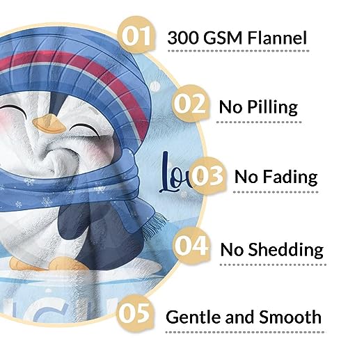 Custom Penguin Blankets with Name - Soft Warm Blanket Throw for Kids, Adults - 40"x50" Flannel Blankets for Couch, Sofa - Blue Cute Blanket Gifts