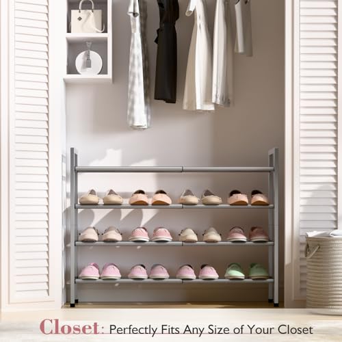 Image of Bumusty 4-Tier Expandable Shoe Rack for Closet, 18 inch-33 inch Adjustable Shoe Rack for Small Space, Small Shoe Organizer for Front Door, Sturdy Metal, Light Grey