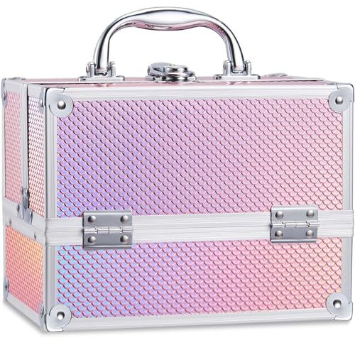 Frenessa Vanity Case Makeup Case Makeup Box Organiser 4 Trays Lockable Beauty Box Make up Organiser Storage Pink