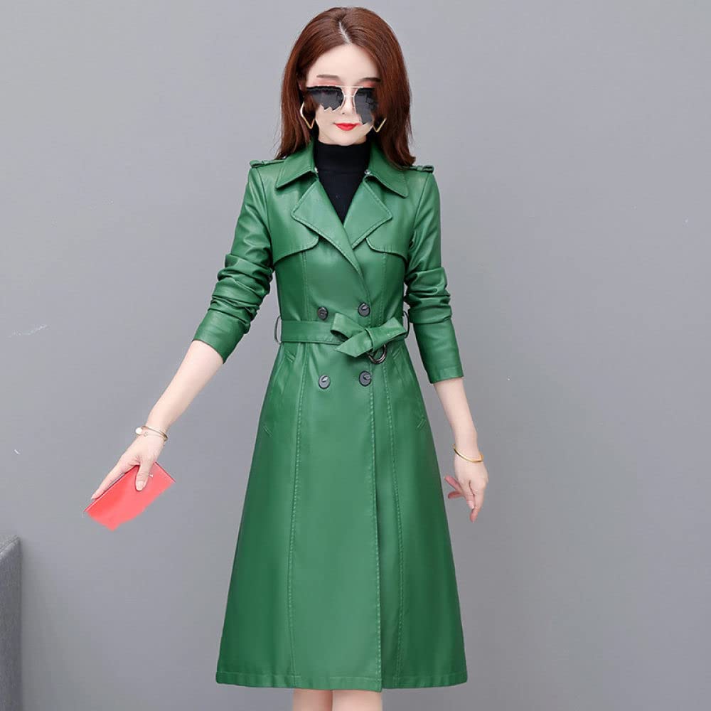 Chaqueta Mujer,Gabardina De Piel Sintética Para Mujer, Chaqueta Verde Con Solapa Larga, Cinturón De Doble Botón, Bolsillo, Elegante, De Manga Larga, Ajustado, Moto Biker, Abrigo De Pu, Prendas De