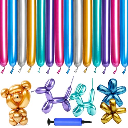 YOUYIKE 100 Stück Metallic Modellierballons mit Pumpe 100cm DIY 260q Luftballon Tiere Lange Zum Formen Luftpumpe Bunt Party Animals Luftballons für Geburtstag Party Hochzeit Dekoratio