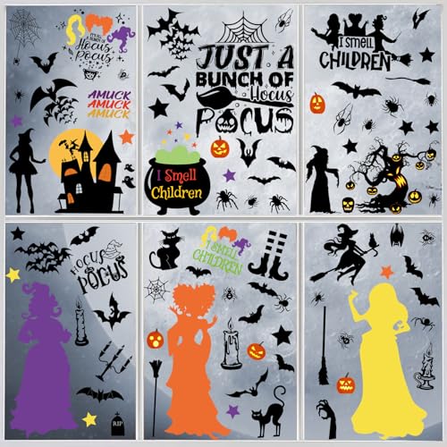 Image of 92Pcs Halloween Window Clings - Hocus Pocus Window Clings,I Smell Children Witch Clings for Glass Windows,Reusable Double Sided Static Window Stickers for Halloween Decorations(9 Sheets)