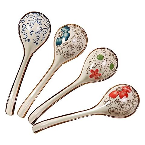 Pretty Hand-printed Ceramic Spoons with Comfortable size for Eating Soups,Set of 4 Long handle Hook Spoon Soup Spoon Hand-crafted Tableware Cover