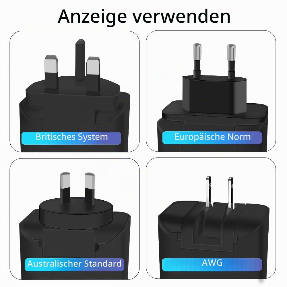 Gan Ladegerät 280 W mit OLED-Display, 4-Port GaN Typ-C Adapter mit 3 USB C+1USB-A,PD 140 W Schnellladegerät,Universal-Ladegerät für Europa,USA,Australien und Großbritannien（schwarz）