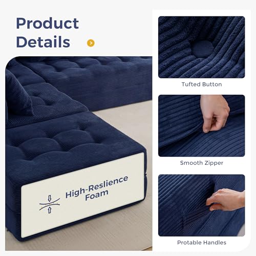 Image of MAXYOYO Modular Sectional Sofa Couch, Foldable U Shaped Cloud Couch with Pillows, Tufted 6-Seat Boneless Lounger Floor Sofa Bed for Living Room, No Assembly Required, Navy