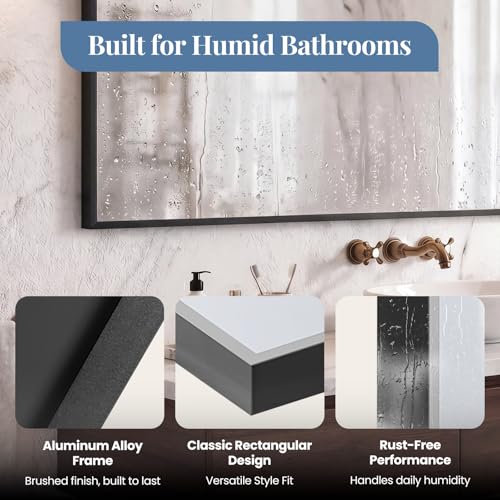 Image of NEWBULIG 30 inch x 48 inch Black Rectangle Bathroom Mirrors for Wall, Morden Wall Mirror with Metal Frame, Tempered Glass, Vanity Mirror for Over Sink, Entryway, Living Room, Anti-Rust