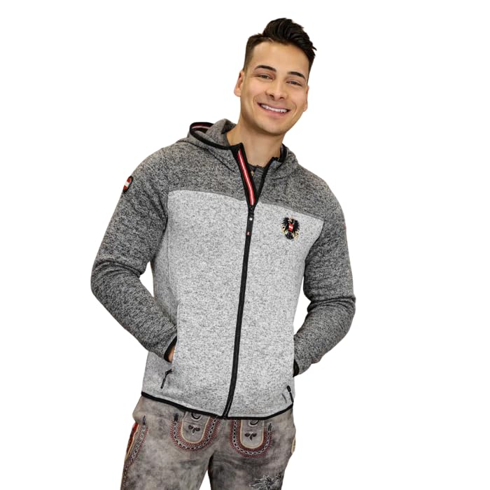 Hoamatkult Österreich Kultjacke mit Kapuze für Herren – Strickfleece Jacke – Moderner Alpenlook mit Adler Stickerei & Kult-Details
