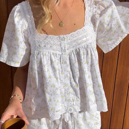 Image of ROAONOCOMO Women Floral Pajama Set Ruffle Puff Sleeve Peplum Shirt Coquette Pj Set Bow Babydoll 2 Piece Shorts Outfit
