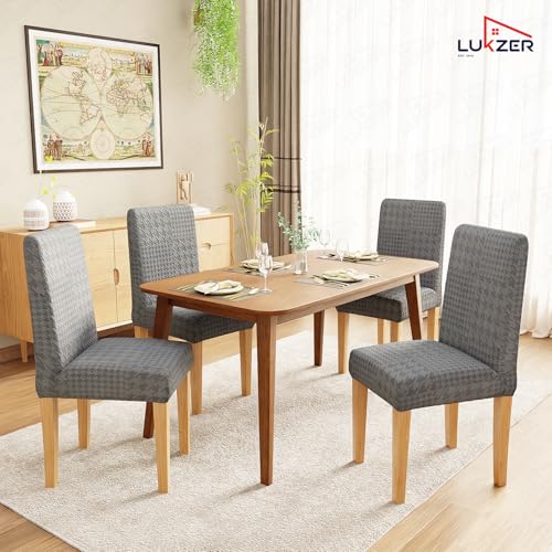 Image of Lukzer Elastic Dining Chair Cover - 2PC Pastel Dark Grey Square Knit | Textured High Stretch Jacquard Seat Cover | Removable Washable Short Dining Chair Cover Protector Seat Slipcover | (CC-178-02)