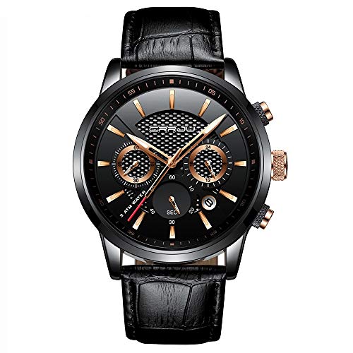 CRRJU Men's Business Casual Chronograph Quartz Waterproof Wristwatch Black Leather Strap, Leather black gold, stylish date watches for men