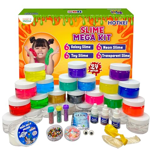 Image of HOTKEI (24 Slime Bottles) Multicolor Scented Toy Slimy Gel Jelly Putty Set Includes Watery, Neon, Galaxy Slime Toys Kit for Boys Girls Kids Slimy with Glitter| Charms| Water Beads| Snow| Balloon