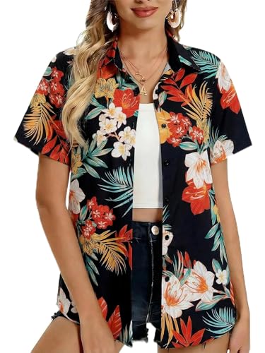 Women Hawaiian Shirt Tropical Summer Beach Hawaii Shirts Floral Tropic Short Sleeve Button Up Top Blouses Aloha Luau Outfit
