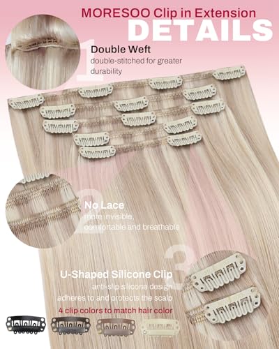 Image of Moresoo Blonde Highlight Clip in Hair Extensions Human Hair Ash Blonde with Bleach Blond Remy Real Human Hair Extensions Clip ins Short for Women Double Weft 80g /5pcs 14 inch