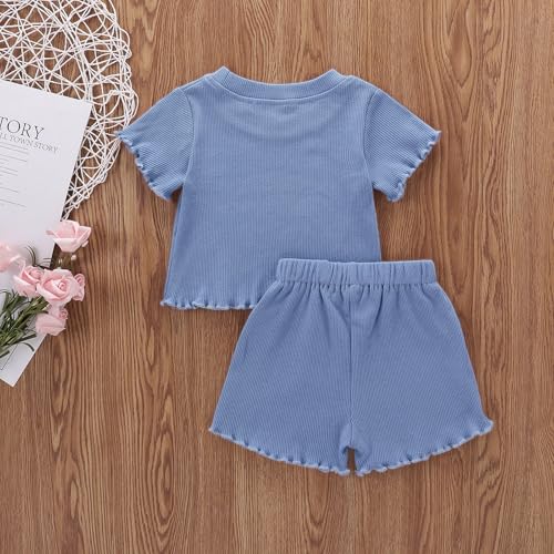 Image of Toddler Girl Clothes Summer Outfit Short Sleeve Shorts Set 12M-5T | Soft ribbed knit toddler girl outfit with breathable fabric, ruffle top, comfy shorts and stretchy fit for summer daily wear.
