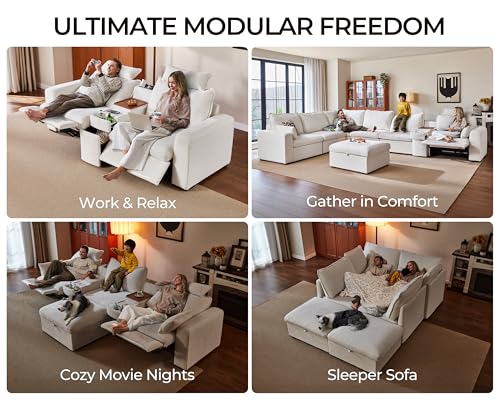 Image of Oversized Modular Power Recliner Sofa Wall Hugger, Cloud Reclining Couch with Headrest, Storage Ottoman, Drawer Charging Cup Holder, Deep L-Shaped 6 Seater with Dual Electric Recliner, Chenille, White