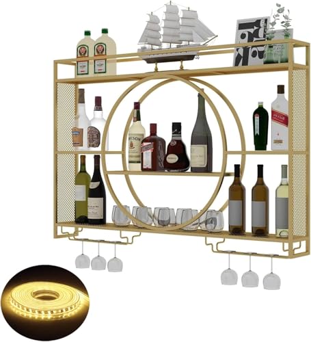 GHHDPDMJ Botellero de Pared con luz LED y Soporte para Copas, Barra de Hierro para licores, Estante Flotante para Vino, Expositor para Botellas de Licor, Soporte para Copas, para Cocina y b