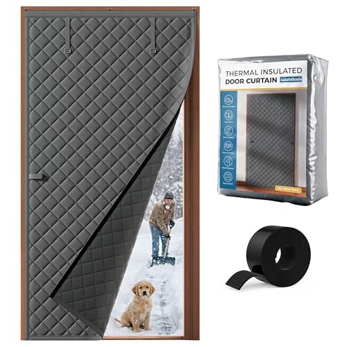 Augblinds Thermal Insulated Door Curtain Fits Door Size 36 x 80 Inch Oxford Cloth Thicken Cotton Filled Curtain Size 39 x 82 Single Piece Door Insulation Blanket Cover for Cold in Winter Grey