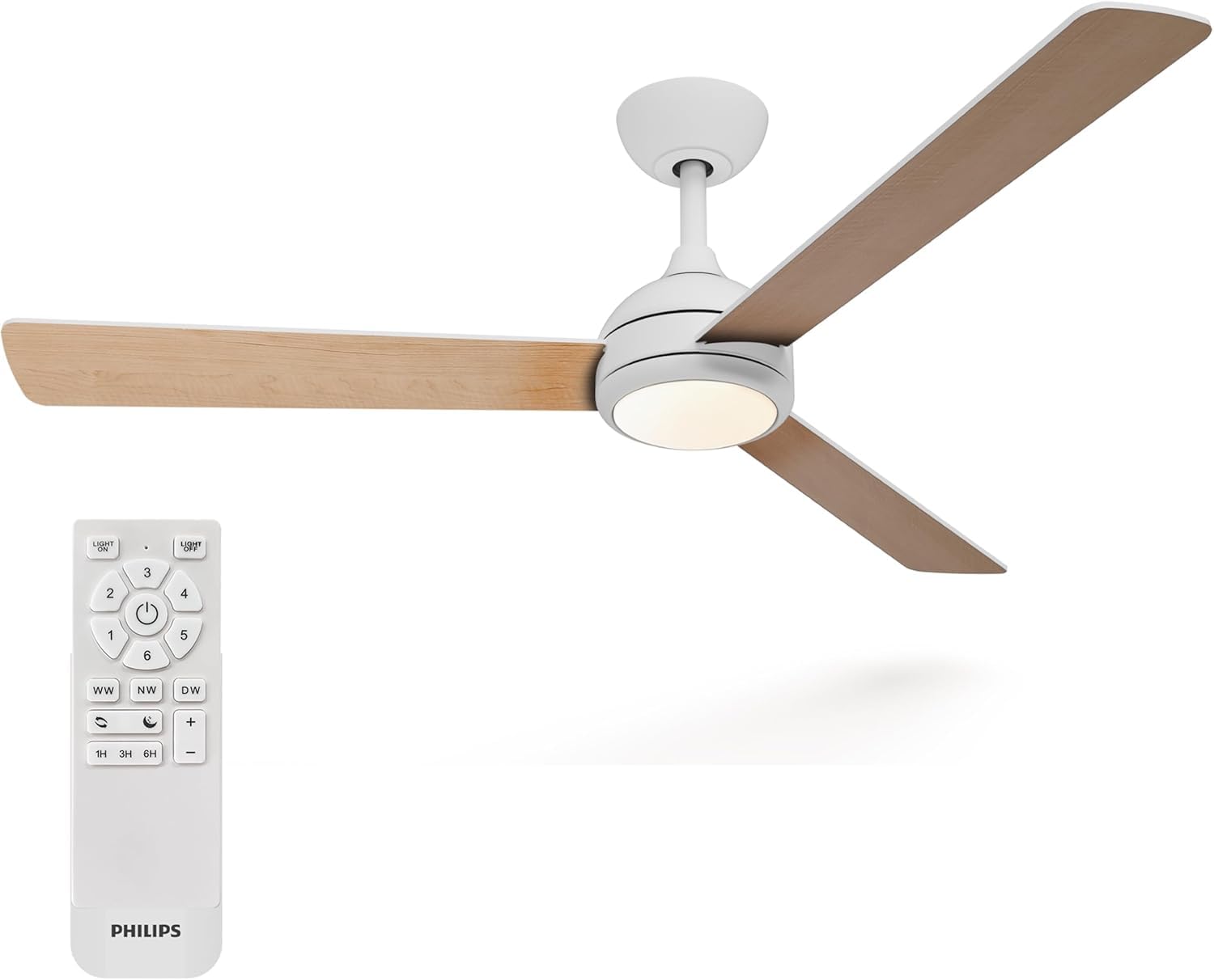 Philips Civx ventilatore a soffitto LED, 3 pale, 132 cm di diametro, 2500 lumen, tre luci bianche (3000 K / 4500 K / 6500 K), intensità regolabile a 10%, Telecomando incluso, Bianco/Legno Chiaro