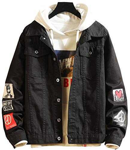 Hotmiss Men's Denim Distressed Jacket Casual Button Down Trucker Jacket Jean Coat (Black, Medium)