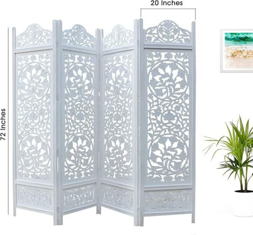 Image of Wooden Room Divider Decorative Foldable Privacy Screen Hand Carved Partition for Living Room Bedroom Office Decor (6 Feet 4 Panel White Each Panel Size 72X20 Inch)
