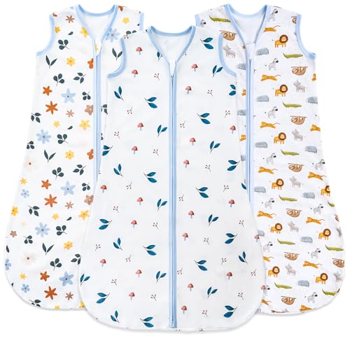 Baby Sleep Sack 12-18 Months, 100% Organic Cotton Wearable Blanket for Babies, 2-Way Zipper TOG 0.5 Lightweight Breathable Baby Sleeping Bag, 4 Sizes-L Animal&Plant&White