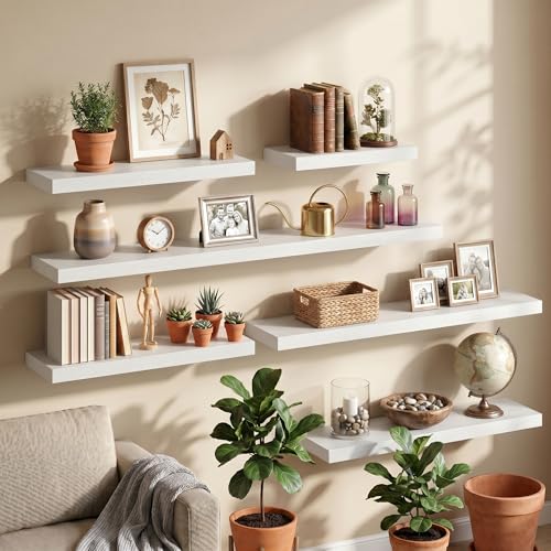 Image of Fun Memories 24Inch Floating Shelves for Wall, 8 Inch Deep Shelves for Bathroom|Bedroom|Kitchen Wall Mounted, Wood Hanging Shelf with Invisible Brackets for Home Storage Decor, White - 2 Pack
