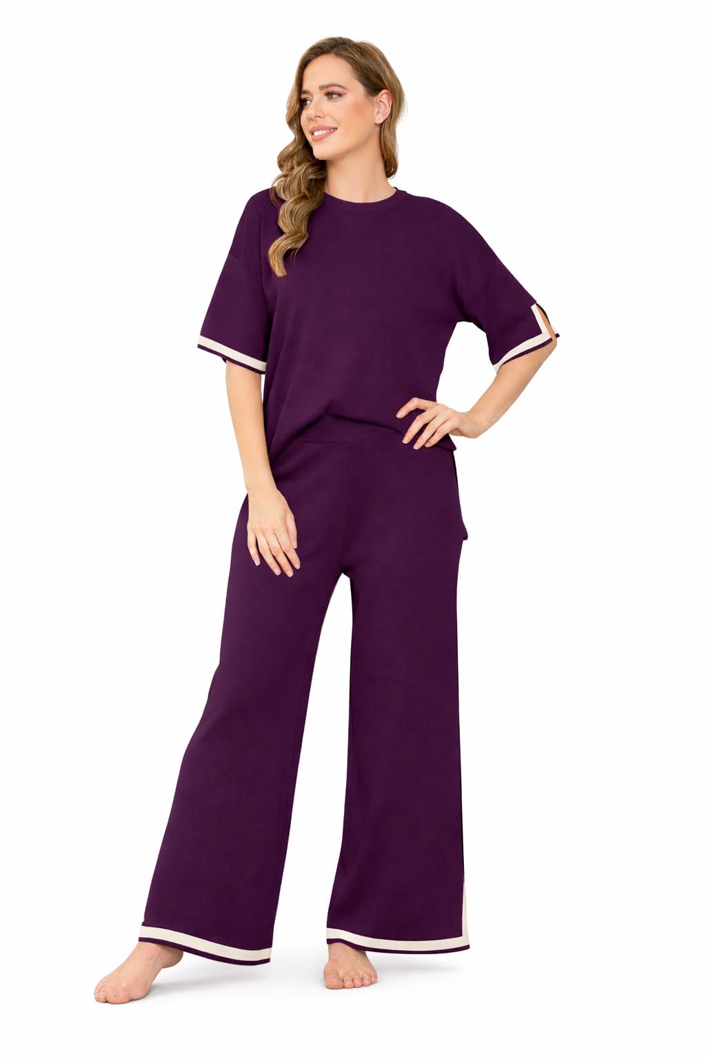 Co-ord Set for Women | Summer Dress for Woman with Half Sleeve Top & Wide Leg Pants | Stripe Pattern Trendy Casual Travel Outfit with Soft Stretch Lounge Wear - 2 Pcs-picture-33