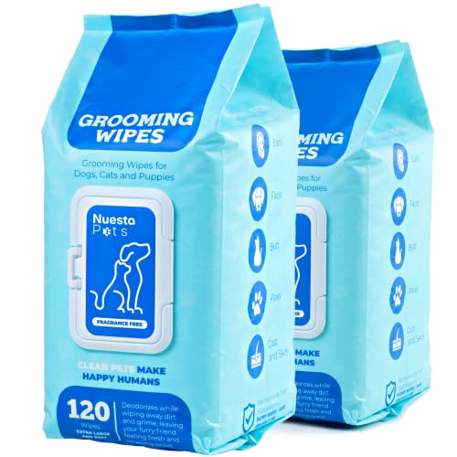 Nuesta Pets XL Hypoallergenic Pet Wipes - Deodorizing No Bath Cleaning for Dogs & Puppy Grooming Ear, Face, Butt, Paw Wet Wipe w/Aloe, Chamomile, Oat Amino Acids | 2 Packs of 120 Wipes