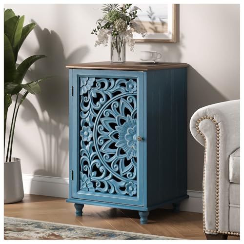 Image of Small Accent Cabinet,Storage Cabinet,Distressed End Table with Solid Wood Legs & Adjustable Shelf,Sofa Side Table for Bedroom,Living Room,Blue & Walnut
